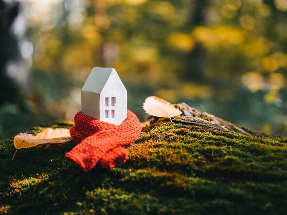 Miniature,House,In,A,Red,Scarf,On,An,Autumn,Background