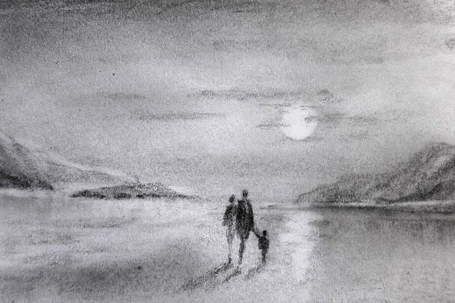 Bleistiftzeichnung einer Familie am Strand