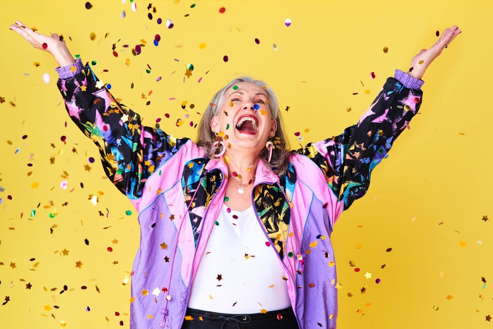 Senior,Woman,,Confetti,And,Celebration,In,Studio,For,Happy,,Fun