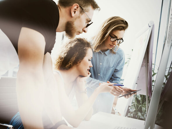 Coworkers,Team,Working,Office,Studio,Startup.businessman,Using,Modern,Tablet,desktop,Monitor