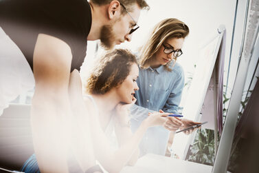 Coworkers,Team,Working,Office,Studio,Startup.businessman,Using,Modern,Tablet,desktop,Monitor