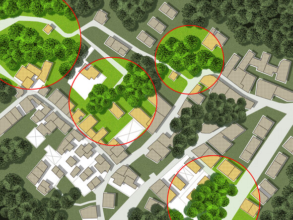 Bebauungsplan mit hervorgehobenen Grünflächen