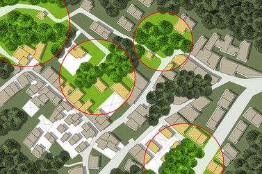 Bebauungsplan mit hervorgehobenen Grünflächen