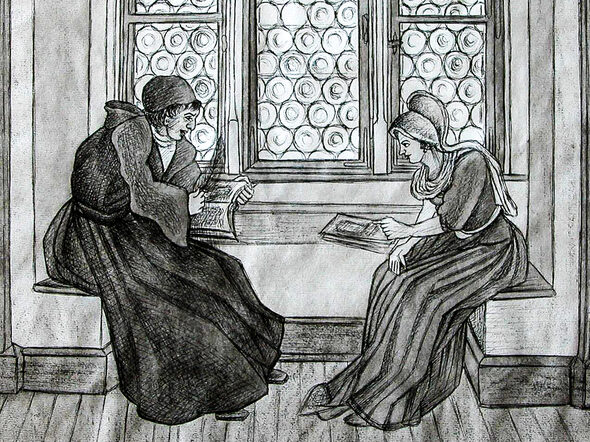 Zeichnung von Gertrud Plescher: Argula von Stauffen debattiert mit Martin Luther auf der Veste Coburg