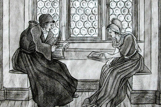 Zeichnung von Gertrud Plescher: Argula von Stauffen debattiert mit Martin Luther auf der Veste Coburg