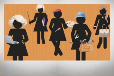 Schwarze Piktogrammfrauen mit beruflichen Utensilien auf Polaroidfoto