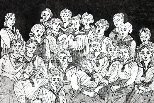 Zeichnung von Gertrud Plescher: Schülerinnen der Alexandrinenschule