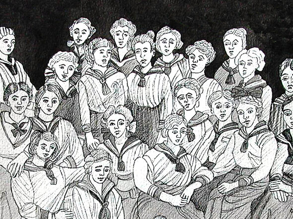 Zeichnung von Gertrud Plescher: Schülerinnen der Alexandrinenschule