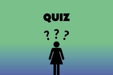 Schriftzug Quiz und scharze Piktogrammfrau mit drei Fragezeichen auf grünem Untergrund