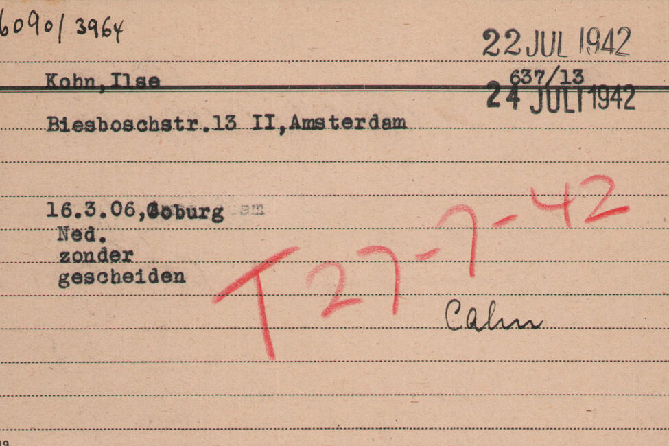 Meldekarte und Angabe der Deportation mit dem Transportzug T 27-7-42 nach Auschwitz