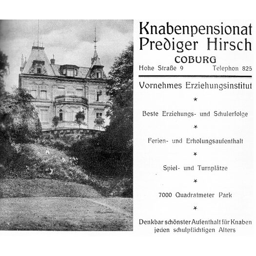 Werbeanzeige des Knabenpensionats Hirsch in der Hohen Straße