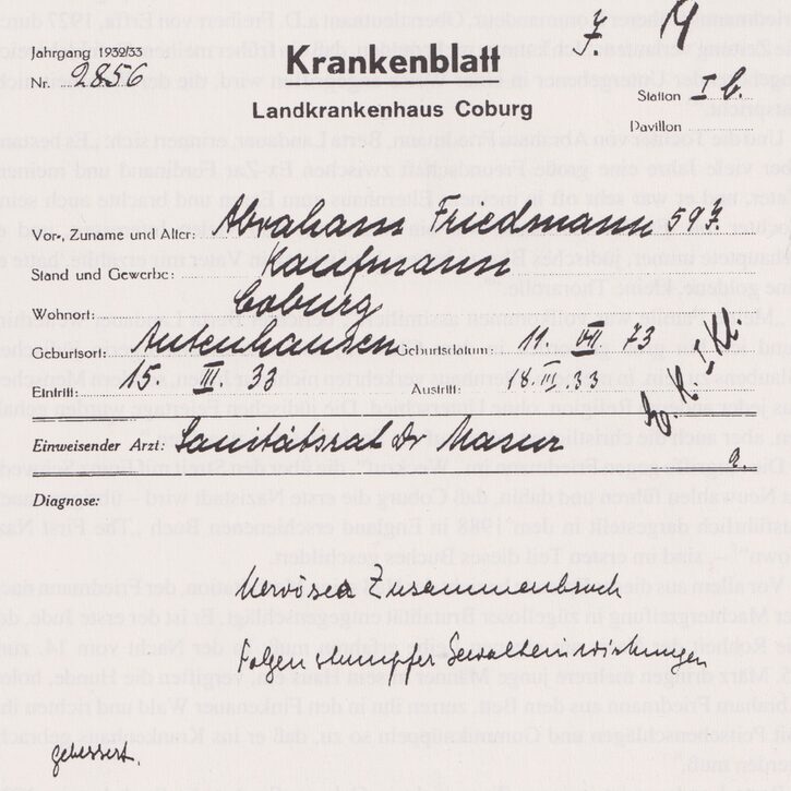 Krankenblatt von Abraham Friedmann nach seiner Misshandlung 1933