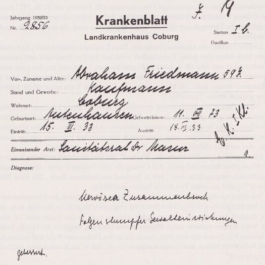 Krankenblatt von Abraham Friedmann nach seiner Misshandlung 1933