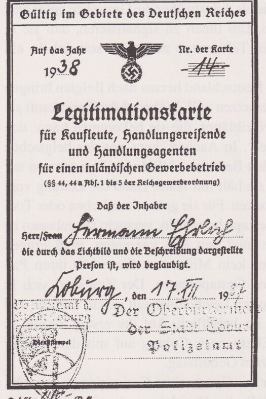 Gewerbekarte von Hermann Ehrlich für das Jahr 1938