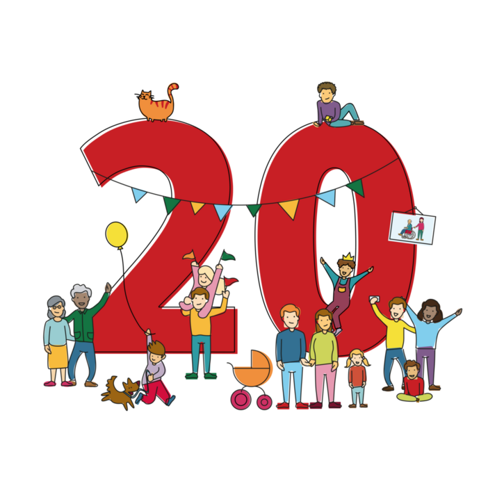 Cartoon mit einer großen roten 20 im Hintergrund und Familien aller Generationen davor, die jubeln