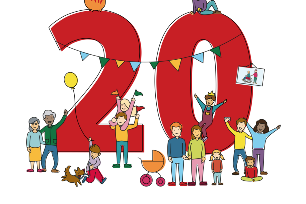 Cartoon mit einer großen roten 20 im Hintergrund und Familien aller Generationen davor, die jubeln