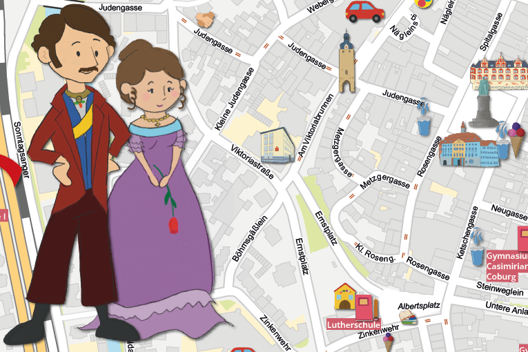 Zeichnung für Kinder von Prinz Albert und Queen Victoria mit einem Teil des Kinderstadtplans