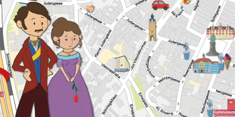 Zeichnung für Kinder von Prinz Albert und Queen Victoria mit einem Teil des Kinderstadtplans