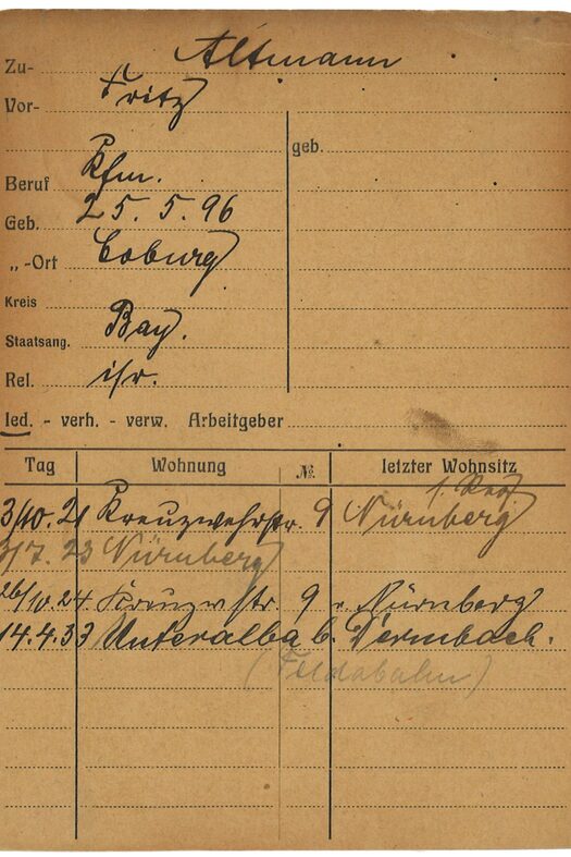 Einwohnermeldekarte von Fritz Altmann