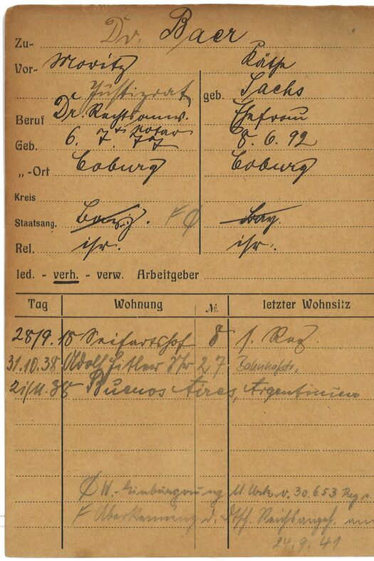 Meldekarte von Dr. Moritz Baer und seiner Frau Käthe (geb. Sachs)
