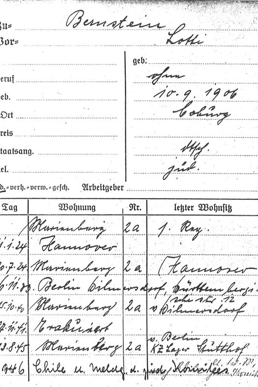 Meldekarte von Lotte Bernstein