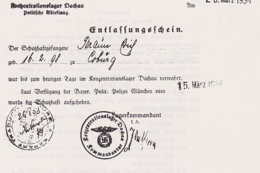 Entlassungsschein Erichs Brauns aus dem KZ Dachau 1934