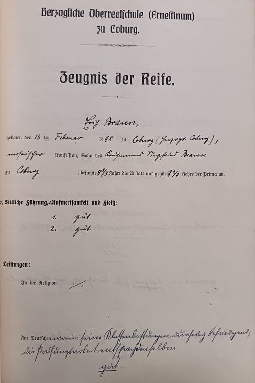 Reifezeugnis von Erich Braun