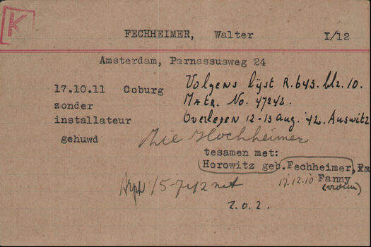 Meldekarte von Walter Fechheimer im Lager Westerbork