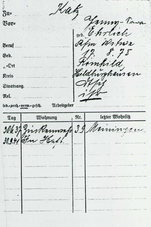 Meldekarte von Jenny Katz mit Angabe ihrer Verhaftung