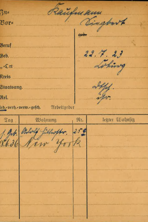 Meldekarte von Siegbert Kaufmann