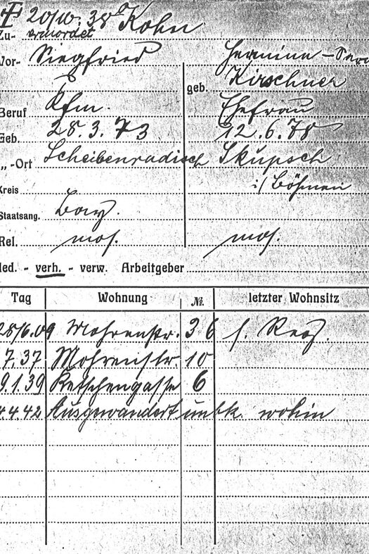 Einwohnermeldekarte von Siegfried und Hermine Kohn