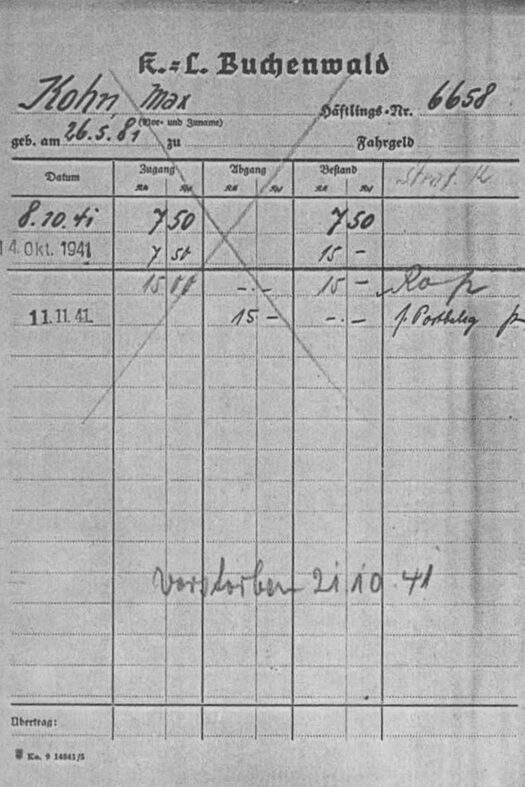 Inhaftierungskarte Max Kohns im KZ Buchenwald