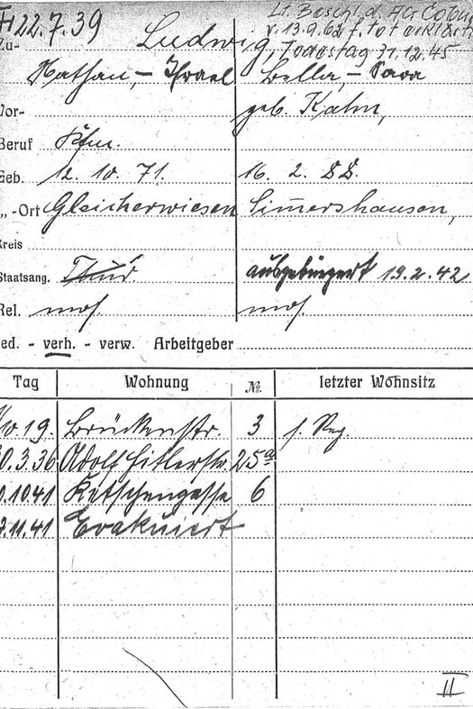 Einwohnermeldekarte von Bella Ludwig