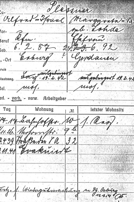 Meldekarte von Alfred und Margarethe Plessner