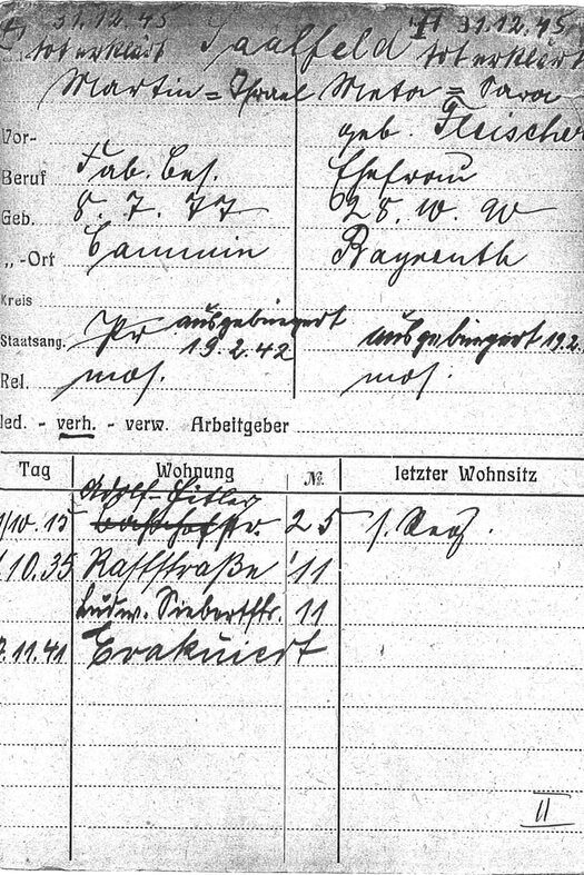 Meldekarte von Martin und Meta Saalfeld