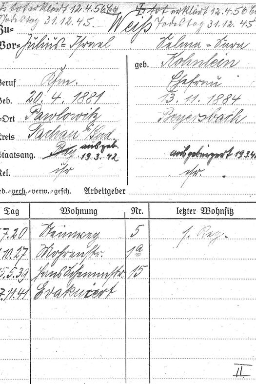 Meldekarte von Julius und Selma Weiss