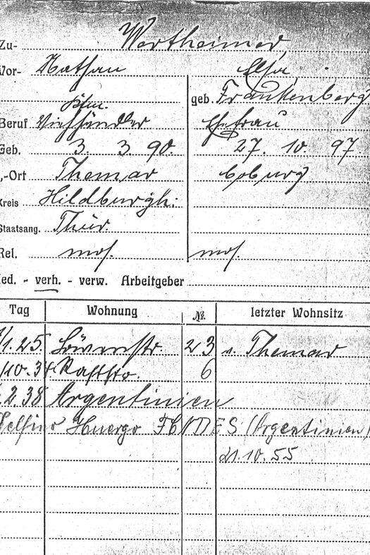 Meldekarte Elsa und Nathan Wertheimer