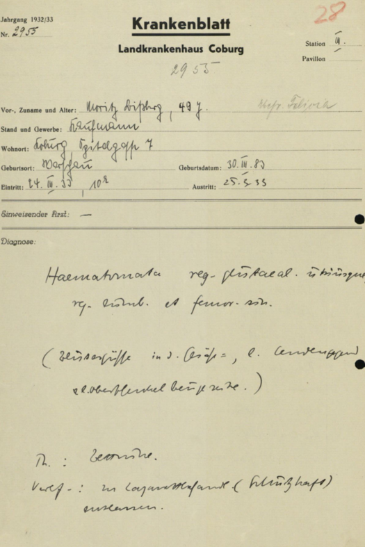 Krankenblatt von Moritz Bissberg