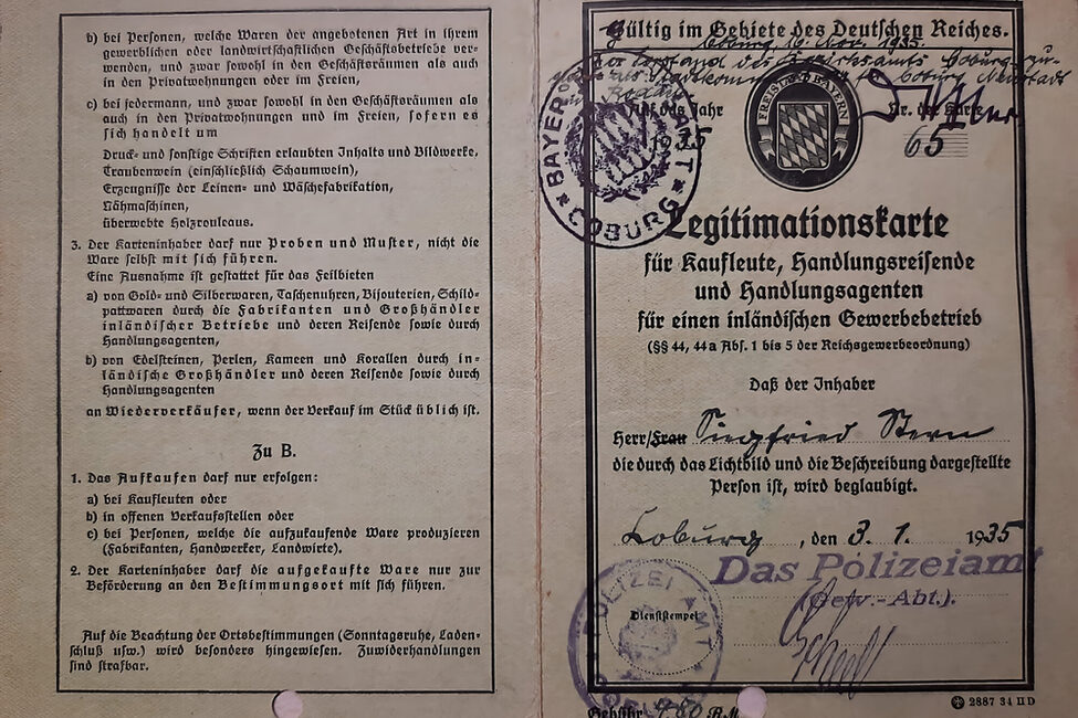 Legitimationskarte für den Viehhandel von Selig Stern, 1935